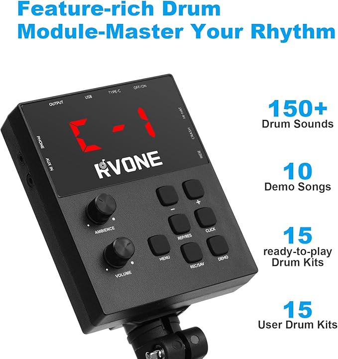RVONE Electric Drum Set with Kick Hammer Pedal, Electronic Drum Kit