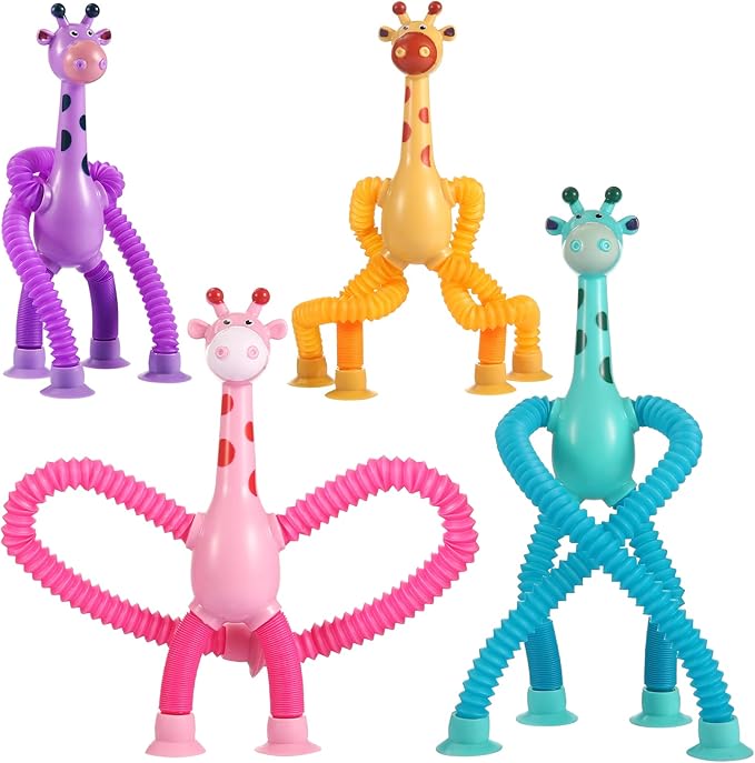 4Pcs Giraffe Pop Tube Sensory Toys, Telescopic Suction Fidget Toys for Autism, Toddler Travel & Airplane Activities, 2025 Boy & Girl Christmas Stocking Stuffers Gift Idea
