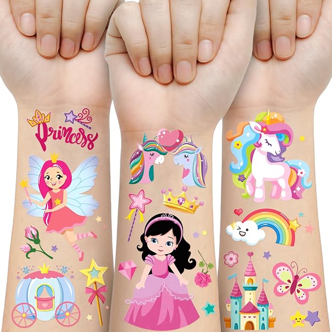 Unicorn Princess Temporary Tattoo for Kids, 270+ Pcs Rainbow Crown Unicorn Fake Tattoos for Girls’ Party Supplies Kids' Birthday Favor, 36 Sheets Waterproof Tattoos for 5 6 7 8 9 Years Old Girls