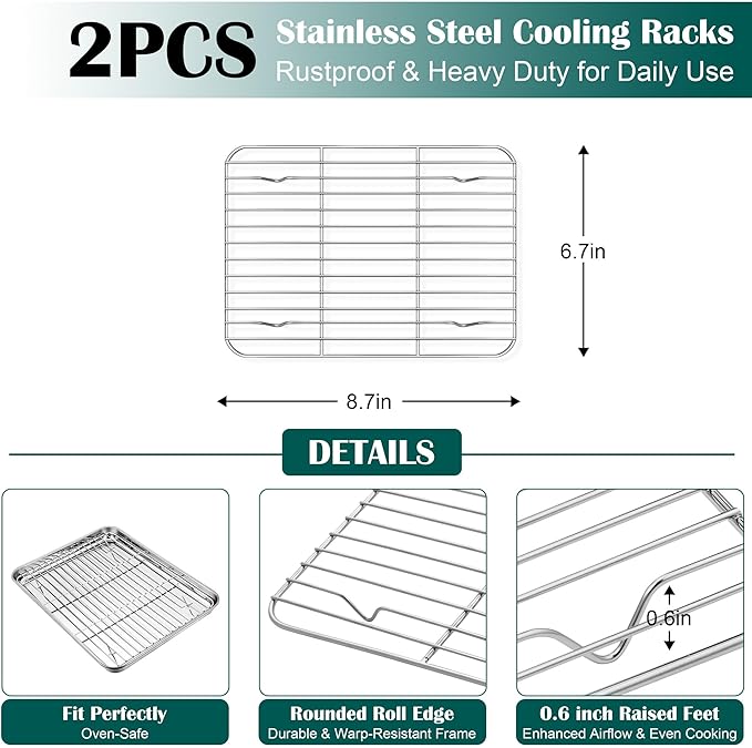 E-far Small Baking Sheet with Wire Rack, Stainless Steel Cookie Sheets Trays &