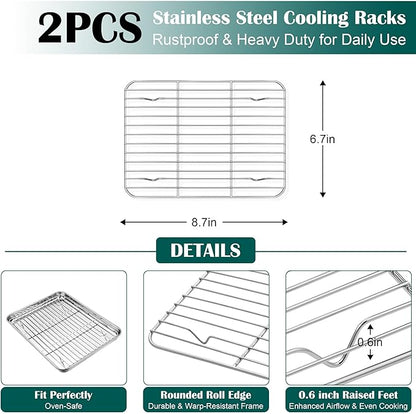 E-far Small Baking Sheet with Wire Rack, Stainless Steel Cookie Sheets Trays &