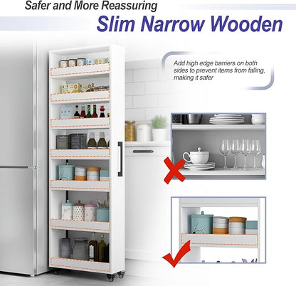 7-Tier Slim Storage Cart, Wooden Rolling Pantry Cabinet with Wheels, Narrow Shelf Organizer for Kitchen, Bakers Rack, Dining Room, Closet, Small Spaces Dark Walnut 47.2" H*5.9" W*16.9" D