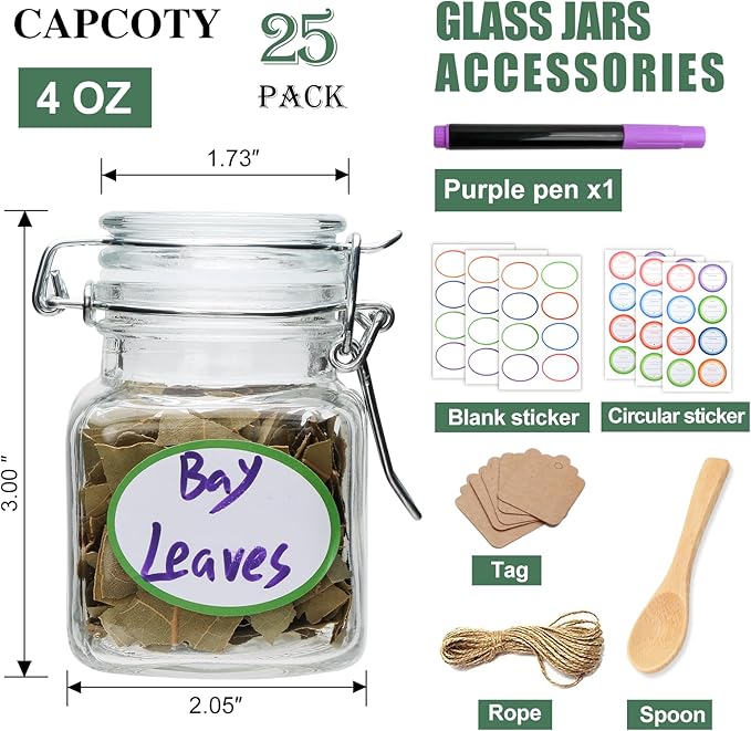 Brajttt 4 oz Spice Jars with Labels, 25 Pack Small Glass Jars with Lids