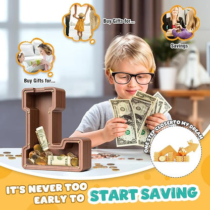 Summidate Wooden Letter Piggy Bank, Extra Thick Large Capacity Piggy Bank for Kids Boys Girls Toddler, Alphabet L Money Bank| Coin Box Birthday, Christmas, Festival
