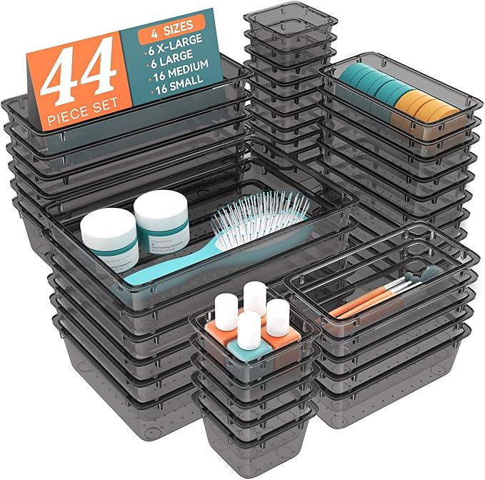 WOWBOX 44 PCS Clear Plastic Drawer Organizer Set, 4 Varied Size storage Bins