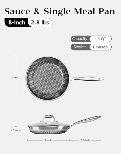 Frying Pan Nonstick With Lid, 8 Inch Non Stick Induction Cookware, Stainless