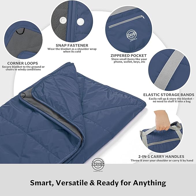 STOVER Waterproof Stadium Blanket – Portable Outdoor Camping Blanket for Travel, Picnics, or Sports – Warm, Windproof, Lightweight, and Packable (Glacier Blue)