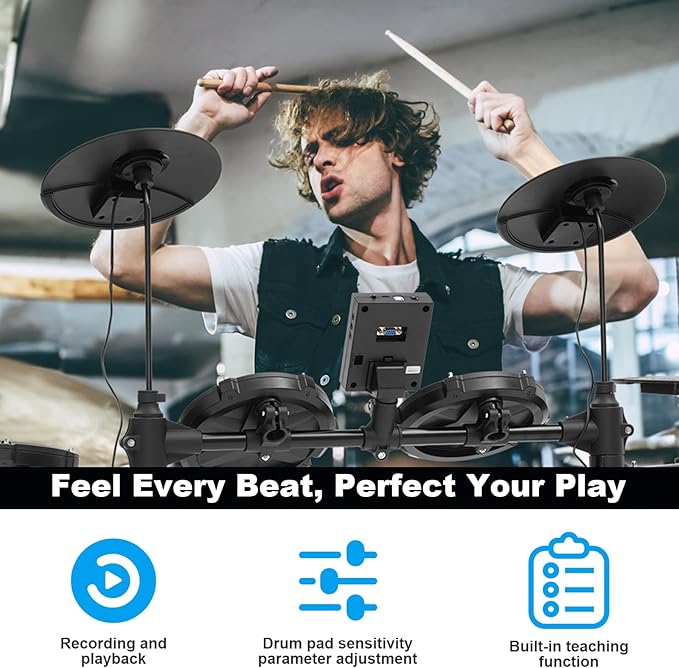 RVONE Electric Drum Set with Kick Hammer Pedal, Electronic Drum Kit
