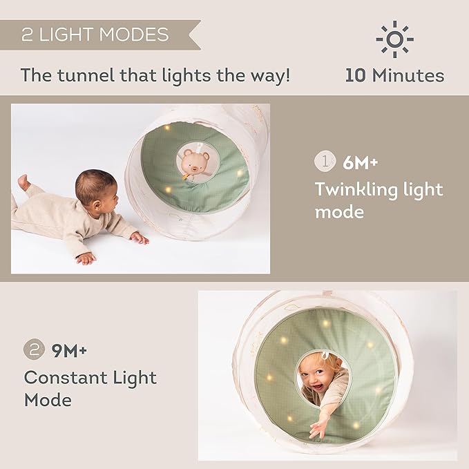Taf Toys Play Light Tunnel Tent for Toddlers 1-3 - Baby Tunnel with Plush Bear - Engage Senses & Encourage Crawling - Twinkling Lights & Dual Light Modes - Kids Toddler Tunnels Crawl Indoor & Outdoor