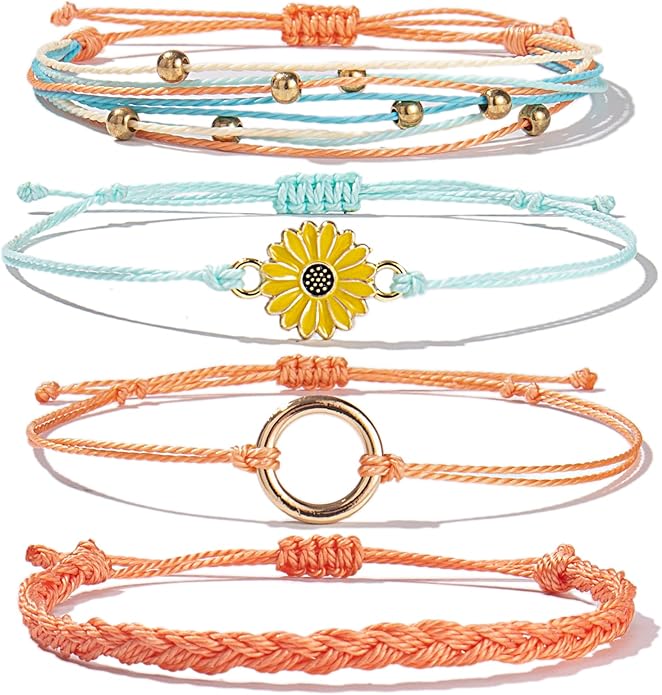 FANCY SHINY Sunflower String Bracelet Boho Braided Rope Wrap Bracelets Cute Summer Beach Surfer Jewelry for Women Christmas Gifts