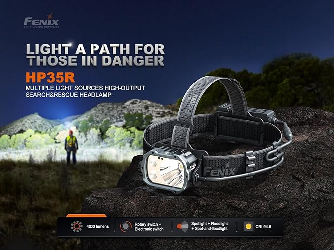Fenix HP35R SAR 4000 Lumen USB-C Rechargeable Headlamp, with Spotlight and Floodlight and Flame Retardant Headband for Search and Rescue, Outdoor Use, Emergencies and More