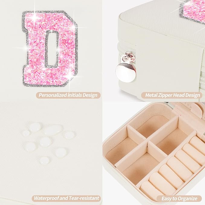 Personalized Jewelry Case for Women Girls - Fashion Mini Jewelry Boxes - Trendy Travel Jewelry Organizer with Initials Letter - Teen Gifts | Cream,D