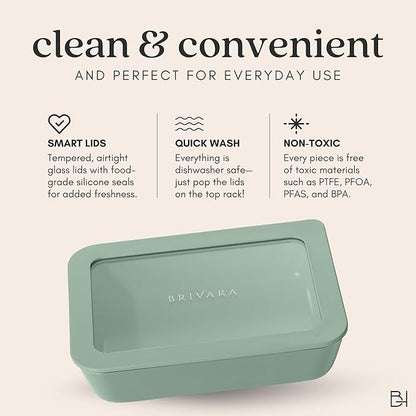 Ceramic Coated Glass Food Storage Container | No PTFE, PFOA, PFAS, and BPA | Reusable Non Toxic Meal Prep Container with Glass Lid | Easy To Store | 6 Cup Rectangle [Willow]