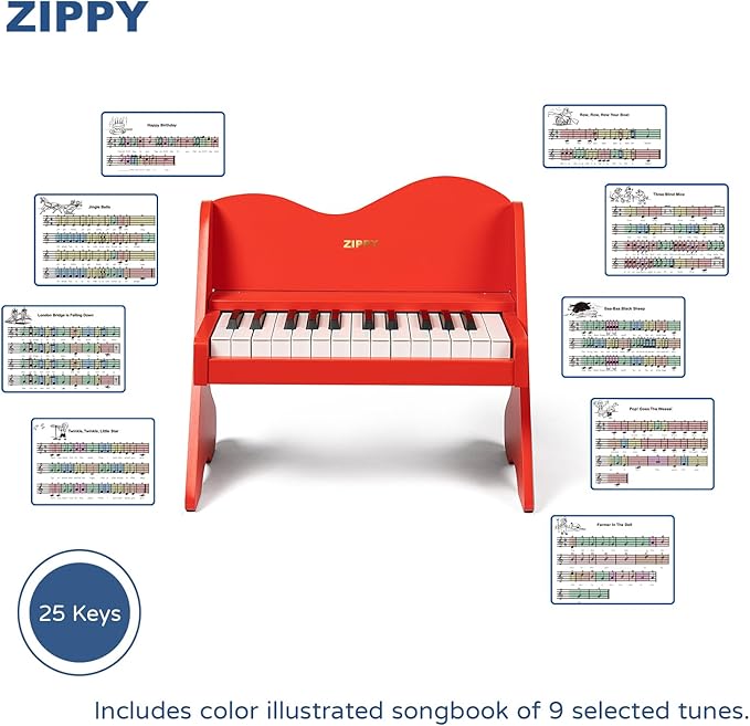 ZIPPY Kids Piano Keyboard, 25 Keys Digital Piano for Kids, Volume Adjustable, Mini Music Educational Instrument Toy, Wood Toy for Toddlers Girls Boys (Red)