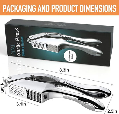 Garlic press and slicer 2 in 1,Effortlessly Crush, Slice, and Mince Garlic,with this Versatile Kitchen Tool - Perfect for Home Cooks and Professional Chefs Alike. (Silvery)