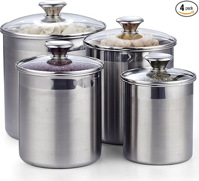 Cooks Standard Stainless Steel Food Jar Storage Canister Set Large 4-Piece, 1.6qt/2.5qt/3.5qt /5qt Airtight Containers with Glass Lid for Tea Coffee Sugar Flour Pantry Kitchen Counter