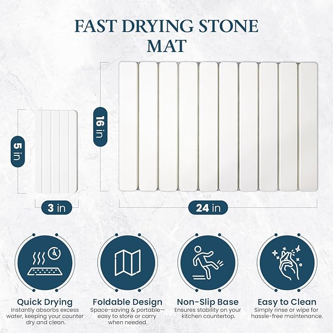 Stone Drying Mat for Kitchen Counter 24"×16"with Water Absorbent Diatomite
