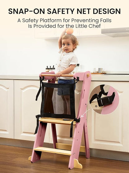 GROWNSY Foldable Step Stool Toddler Tower, Toddler Kitchen Stool Helper, Collapsible Kids Standing Learning Tower with 3 Adjustable Heights and Safety Net for Kitchen Bathroom Sink Counter (Pink)