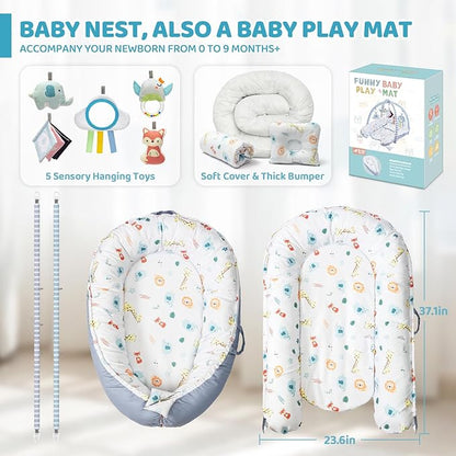 Baby Play Mat, 7-in-1 Tummy Time Activity Gym Mat, Washable Baby Lounger Nest, Portable Floor Seat for Home & Travel, Baby Essentials Gift for Infant Newborn 0-6-12-18 Months