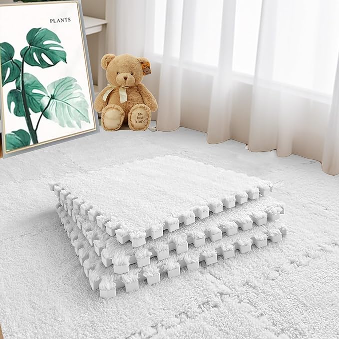 16pcs 0.6" Thickened Interlocking Tile Mats,Fluffy Shaggy Soft EVA Foam Area Rug for Living Room & Bedroom,Non-Slip Protective Floor Carpet Play Mat Kids Baby Dorm Home Decor (11.8ft, White)