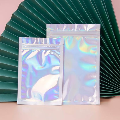 100 Pieces Resealable Smell Proof Bags - Foil Pouch Bags， Flat Clear Food Storage Plastic Packaging Foil Mylar Bags for Party Favor Food Storage (Holographic Color, 7x9 Inch)