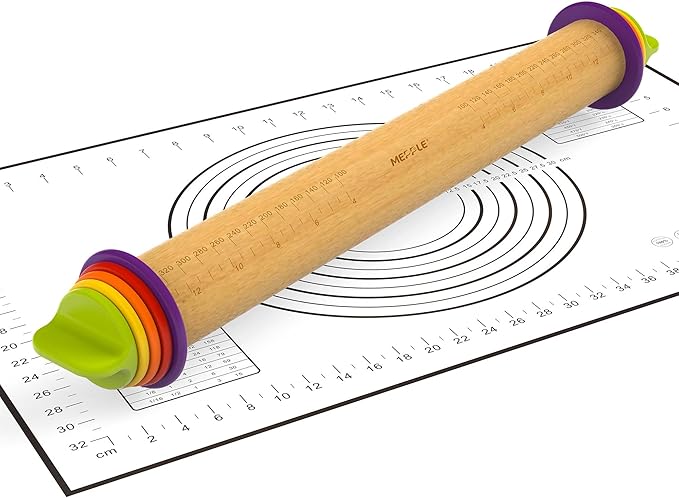 Rolling Pin with Thickness Rings and Pastry Baking Mat, 13.6" Adjustable Wooden