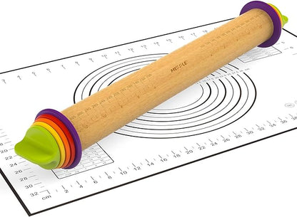Rolling Pin with Thickness Rings and Pastry Baking Mat, 13.6" Adjustable Wooden