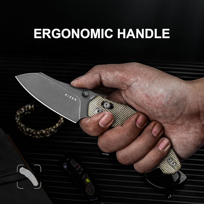 Kizer Bulldog Pocket Knife, 3 In Nitro V Blade Folding Knife Micarta Handle Camping Hunting Knife with Reversible Clip, Clutch Lock Small EDC Knives for Men Women V3672A3