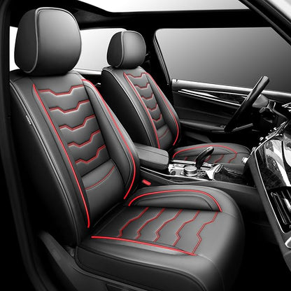 Car Seat Covers Fit for Jeep Grand Cherokee 2007-2025 2026 -Full Set Premium Leather, Waterproof & Breathable，All-Weather Seat Cushion Protecto & Airbag Compatible, 2 Front Seat Red Line Black