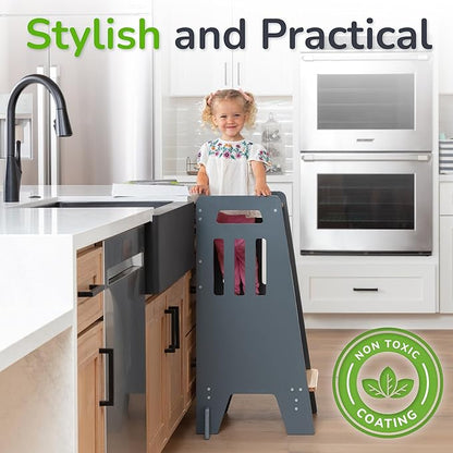 OCODILE Toddler Tower with a Sliding Door and 3 Adjustable Heights - Complete Toddler Kitchen Stool Helper with Support Feet - Safe Design for 18+ Months to 6-Year-Old Kids - Gray