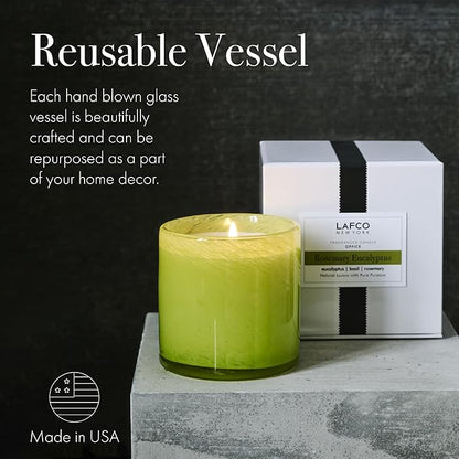 LAFCO New York Classic Candle, Rosemary Eucalyptus - 6.5 oz - 50-Hour Burn Time - Reusable, Hand Blown Glass Vessel - Made in The USA