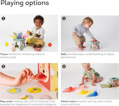 Taf Toys Sensory Baby Tissue Box, Object Permanence Box, Imaginary Play for Infants & Toddlers, Montessori Square Sensory Toys Colorful Pull Scarves, Play Balls & Cards Educational Preschool Learning