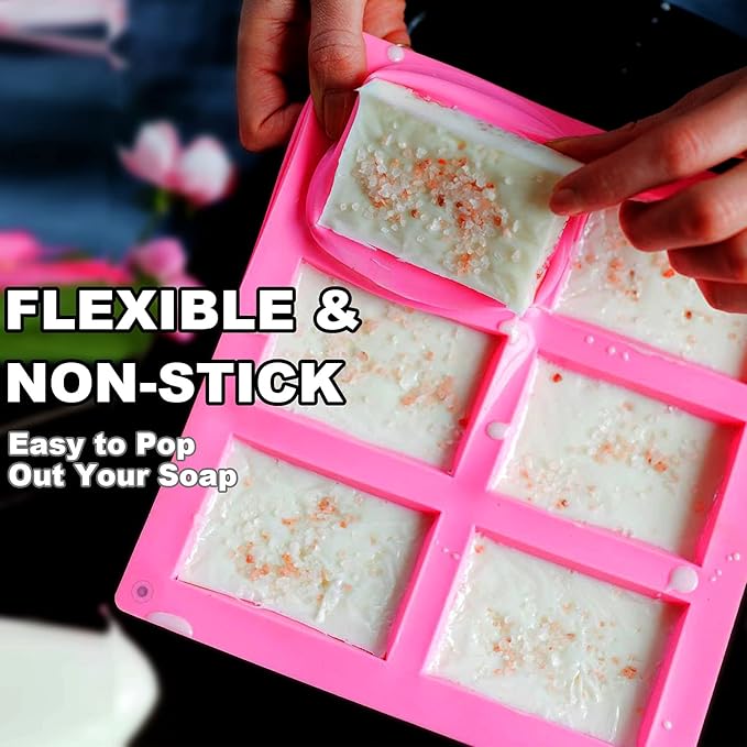 3 Pack Silicone Soap Molds, 6 Cavities Rectangle Silicone Mold, Great For Homemade Craft Soap Mold, Chocolate, Cake Molds ＆ Ice Cube Tray - Just Pop Out（Pink & Blue & Purple）