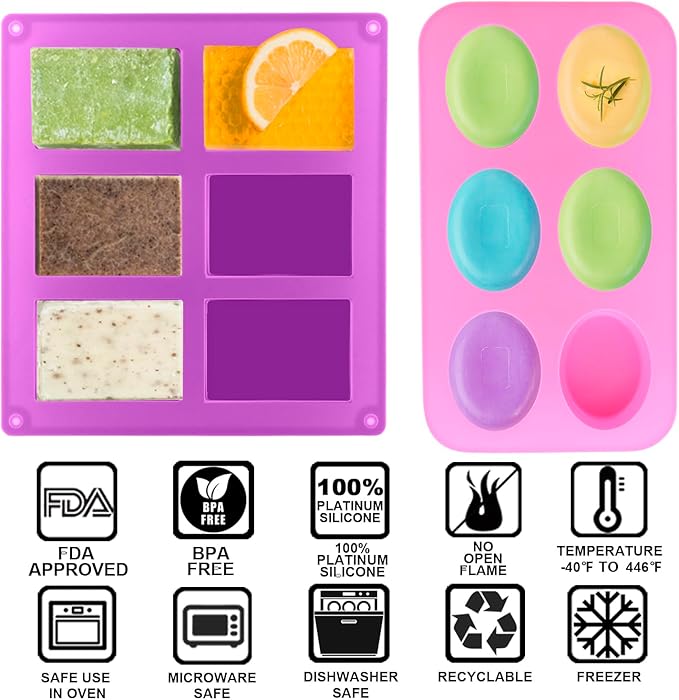 Silicone Soap Molds, Oval & Rectangle Soap Bar Mold, 6 Cavities DIY Mould for Homemade Craft Soap, Pudding, Muffin, Chocolate, Brownie, Cornbread, Cheesecake, Cake & Ice Cube - Just Pop Out