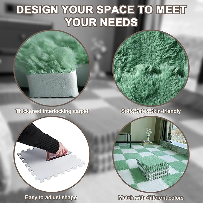 16pcs 0.6" Thickened Interlocking Tile Mats,Fluffy Shaggy Soft EVA Foam Area Rug for Living Room & Bedroom,Non-Slip Protective Floor Carpet Play Mat Kids Dorm Home Decor (11.8ft, Mint Green)