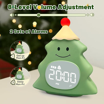Christmas Tree Kids Alarm Clock, Digital Alarm Clock for Children with Snooze, 5 Ringtones, 8 Volume Levels, Gentle Night Light Timer, Easy-to-Read Display, Fun Holiday Wake Up Clock Gift