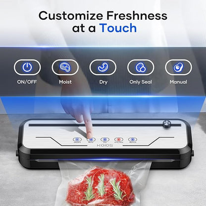 KOIOS Vacuum Sealer Machine with Starter Kit, One-Touch Operation | Built-in Cutter | Dry & Moist Modes | Compact Design | Vacuum Sealer for Food Preservation, Freezer Storage & Meal Prep