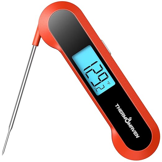 Professional 0.5 Sec Instant Read Meat Thermometer Digital, NIST Certified ±0.5℉ Accuracy, Auto Rotate Large LCD Display, 100% Waterproof Cooking Thermometer for Baking Grill BBQ Smoker Oven, Red