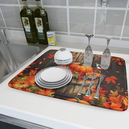 Fall Pumpkin Dish Drying Mat for Kitchen Counter Autumn Pumpkin Dish Mats for