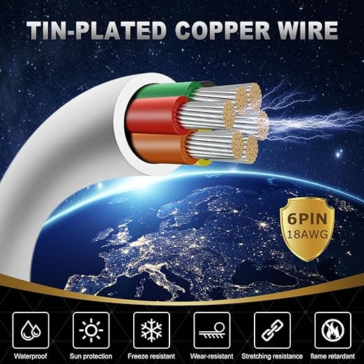 18 Gauge 6 Conductor Electrical Wire, 65.6FT White Stranded Low Voltage 18/6