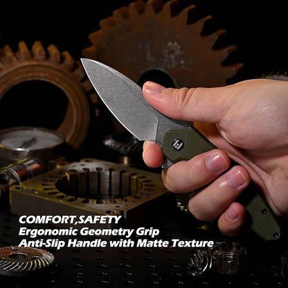 Hightron Mini Ventura EDC Pocket Knife, 2.85" Stonewashed D2 Steel Blade G10 Handle with Pocket Clip, Liner Lock Knife for EDC Camping Survival Hiking Unisex Green-W
