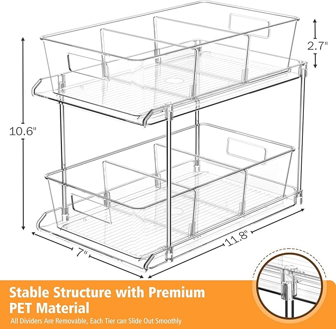 Fabspace 3-Pack Pull-Out Home Organizers, 2 Tier Clear Bathroom Organizer