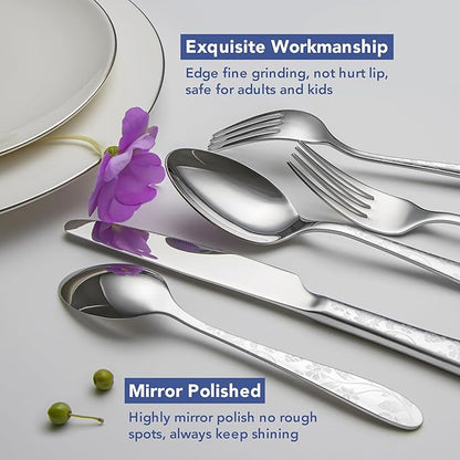 40 Piece Silverware Set Service for 8, EIUBUIE Premium Stainless Steel Cutlery Set, Mirror Polished Flatware Sets with Pattern Handle, Modern Kitchen Eating Utensils Sets Include Spoons Forks Knives