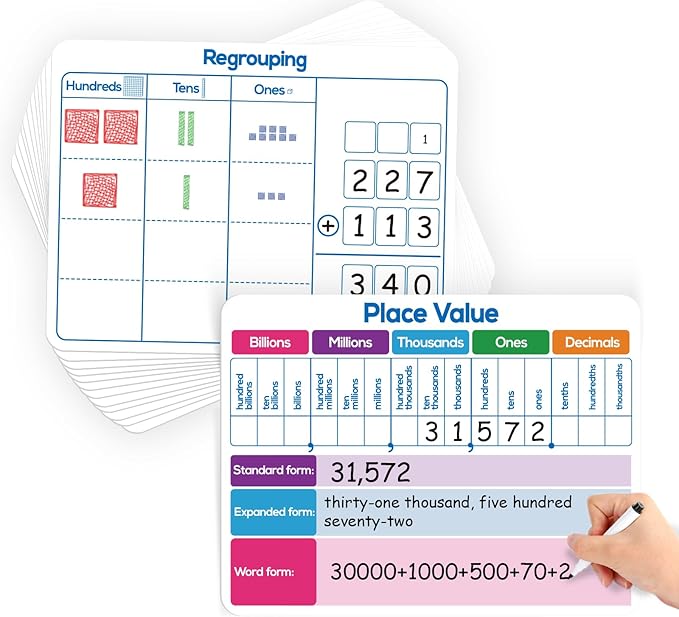 Aizweb 12 Pack Place Value Dry Erase Board Card,12" x 9"Regrouping Base Ten Small Whiteboard Math Manipulatives Addition Subtraction Game for Student Classroom Must Have Homeschool Teacher Supplies