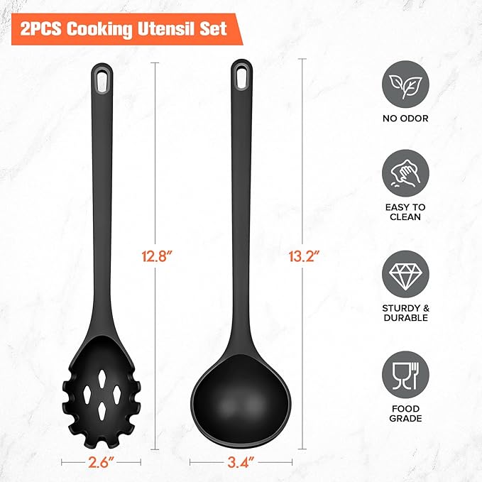 Silicone Spaghetti Spoon&Soup Ladle Cooking Utensils Set of 2, No Scratch