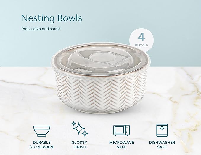 KooK Serving Bowls, with Lids, Ceramic Nesting Bowls, Microwave and Dishwasher