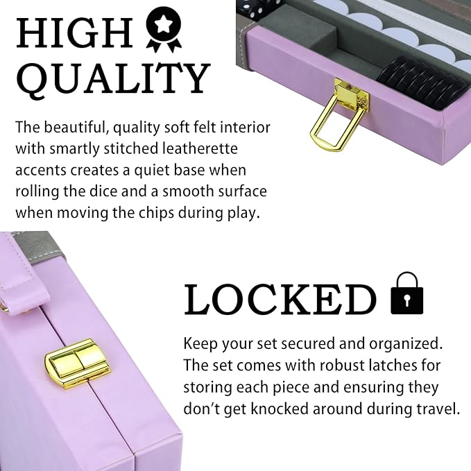 Backgammon Sets for Adults, 15 inch Backgammon Purple Sets Classic Board Game with Premium Leather Case, Portable Travels Strategy Backgammon Game Set for Adults, Kids (Purple)