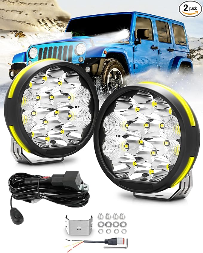 5 Inch Side Shooter LED Pods, Super Bright 34000LM Yellow Flood Spot Beam LED Driving Light w/Amber DRL, 360° Wide Range Off Road Light w/Wiring Harness Kit for ATV UTV SUV - 2Pack