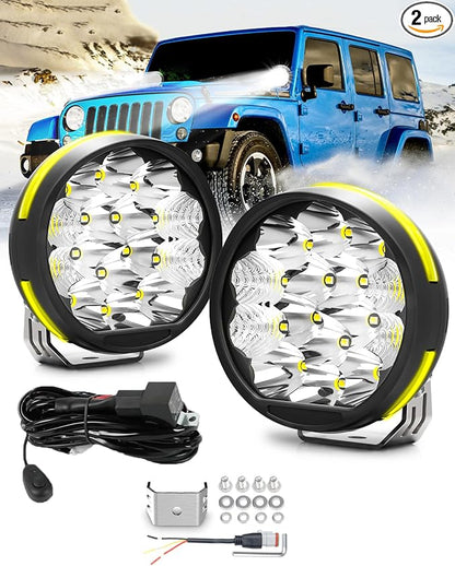 5 Inch Side Shooter LED Pods, Super Bright 34000LM Yellow Flood Spot Beam LED Driving Light w/Amber DRL, 360° Wide Range Off Road Light w/Wiring Harness Kit for ATV UTV SUV - 2Pack