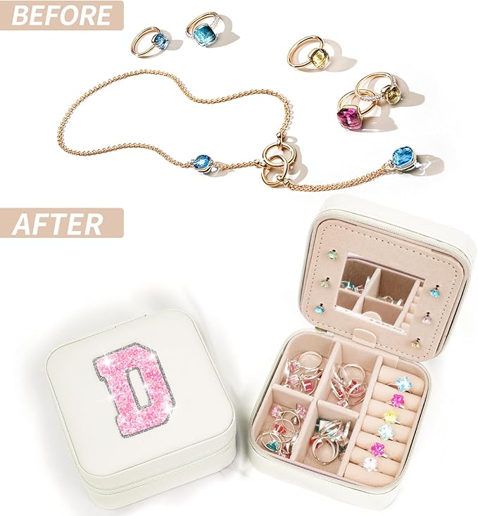 Personalized Jewelry Case for Women Girls - Fashion Mini Jewelry Boxes - Trendy Travel Jewelry Organizer with Initials Letter - Teen Gifts | Cream,D